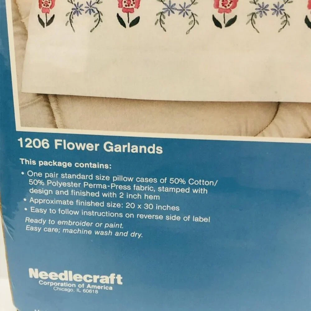 Needlecraft WonderArt Pillow Case Pair Flower Garlands Embroidery Paint Granny